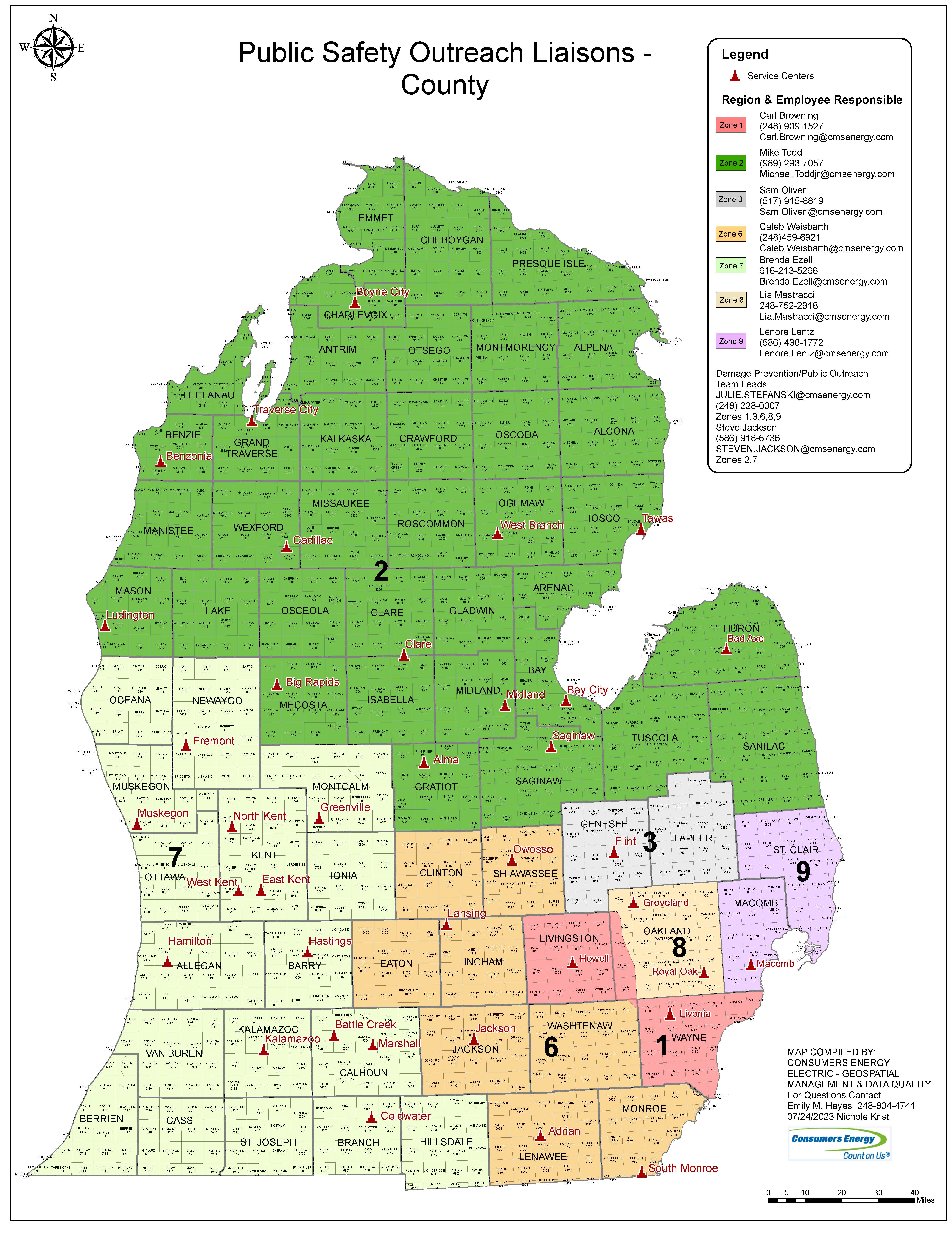 Map of Consumers Energy Public Safety Outreach Liaisons by County